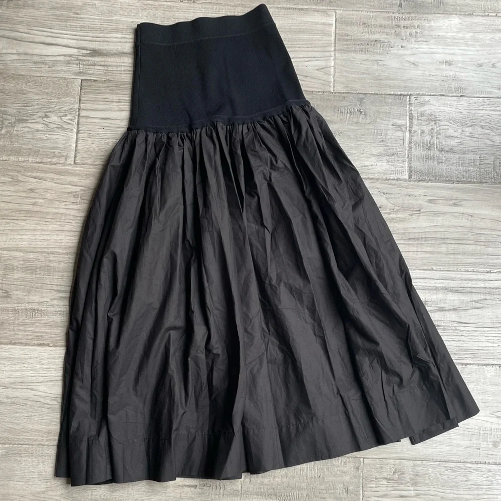 A.L.C. Marlowe Mixed Media Midi Skirt Black Poplin Cotton Stretch Drop Waist XS
